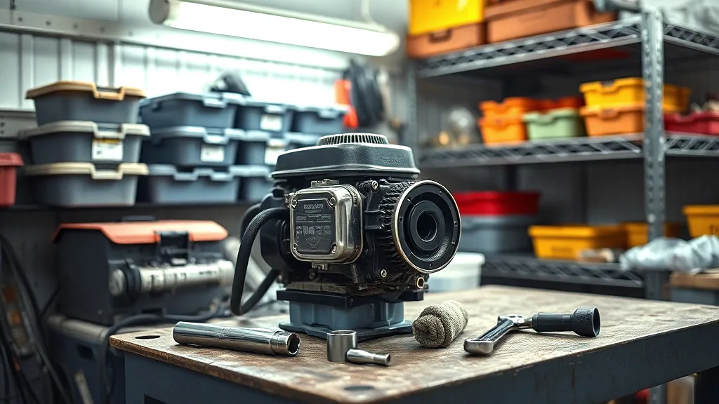A small engine with its cooling shroud removed sitting on a workbench, sockets and a wrench laid out beside it, parts bins on steel shelving behind
