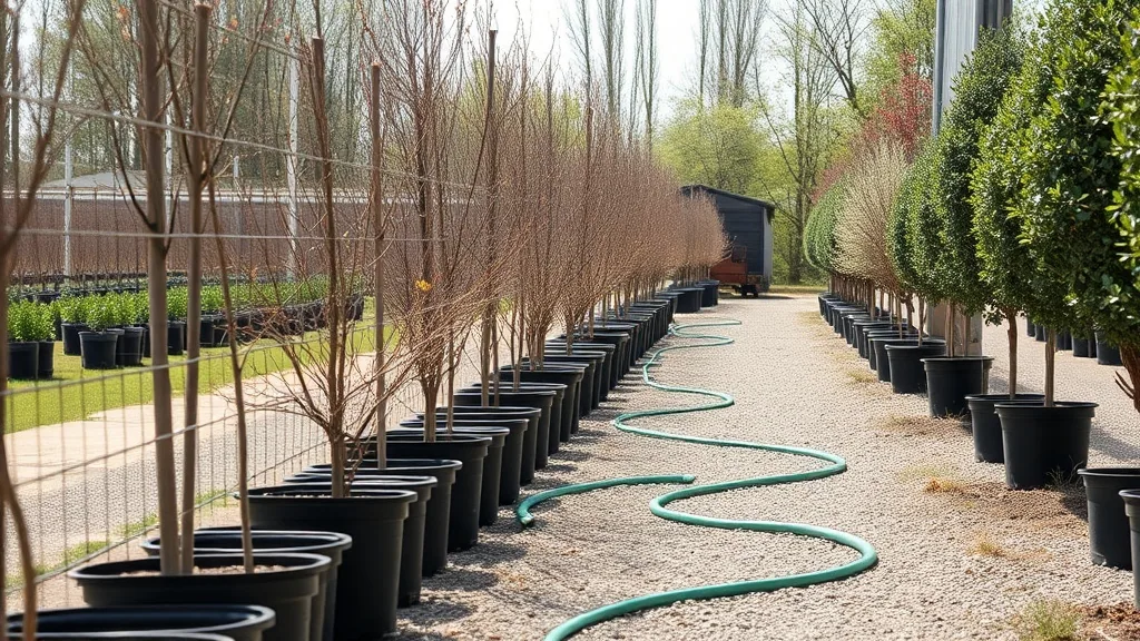 Potted trees and shrubs in black plastic pots lined along a wire fence on a gravel path at a nursery lot in spring