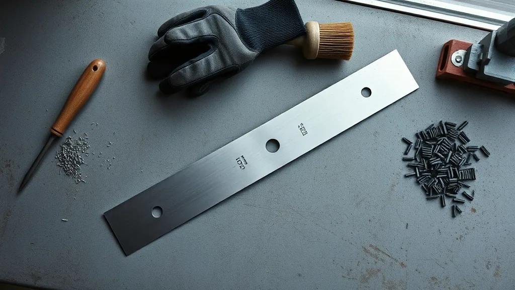 A plain steel mower blade laid on a grey bench beside a work glove, a wire brush and a small pile of metal filings