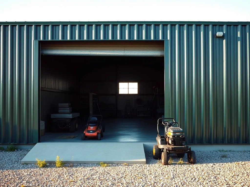 A dark green corrugated metal shop building with its roll up door open, a mower parked on the concrete apron and gravel in front