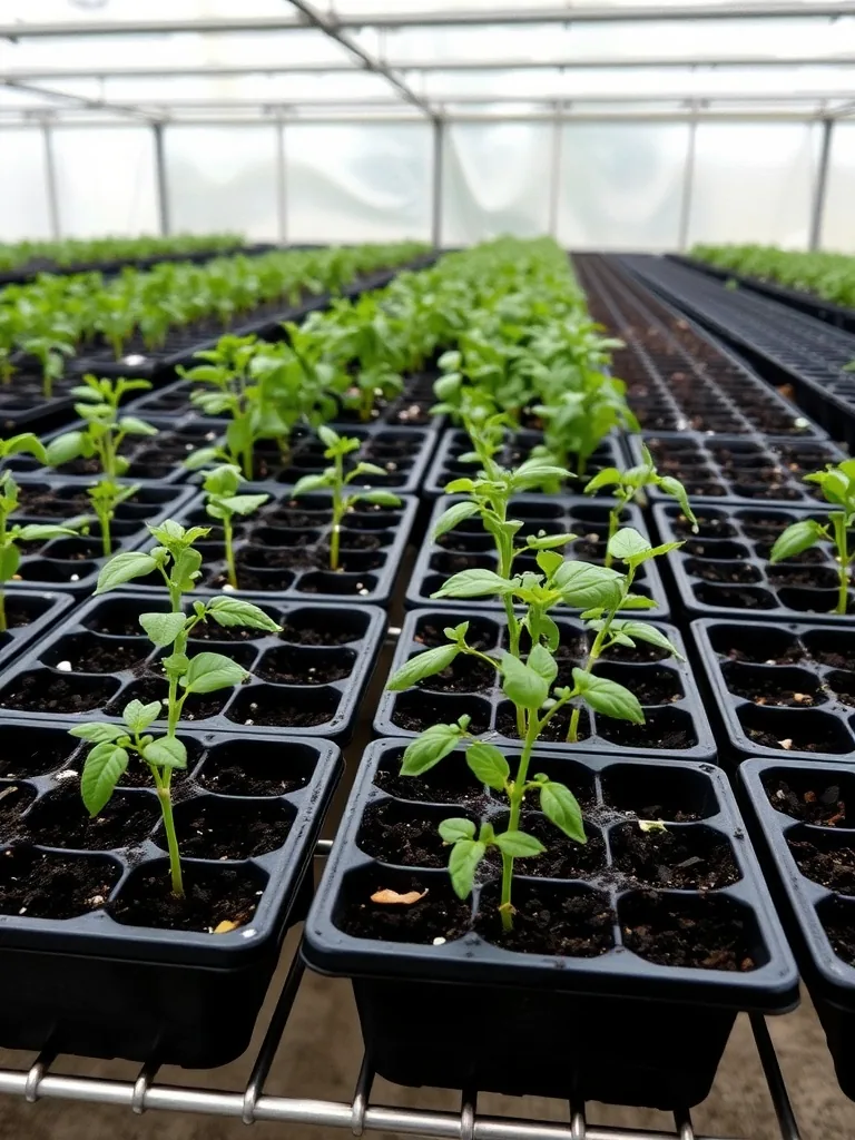 Plastic cell trays of young tomato and pepper seedlings in dark potting soil on a wire greenhouse bench